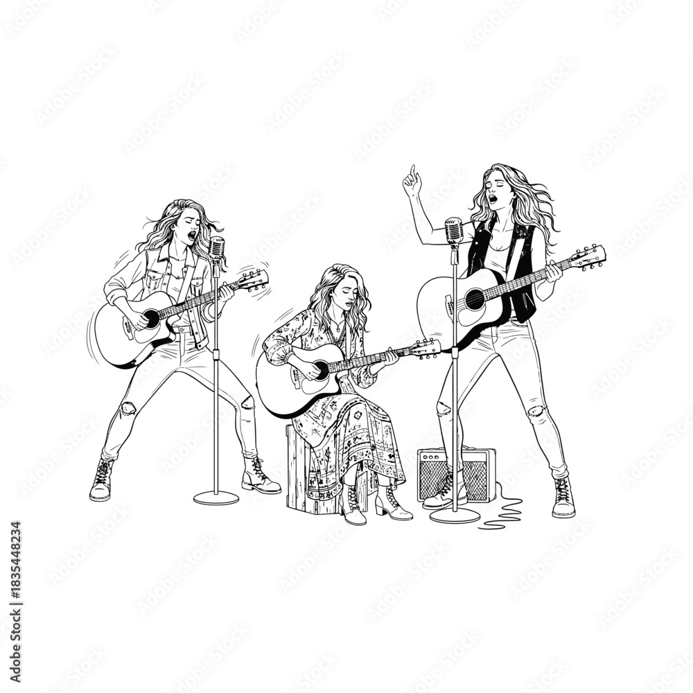 Fototapeta premium Three young women performing music together playing acoustic guitars and singing into microphones