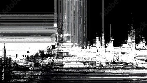 Monochromatic abstract digital art of a city skyline with glitch effect Vector, illustration