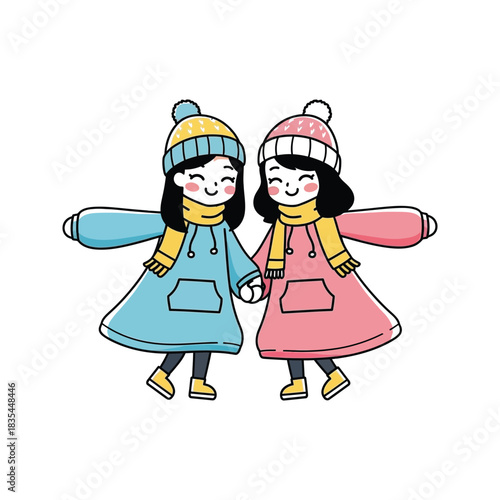 Two happy cartoon girls in winter clothing holding hands and wearing matching beanies and scarves