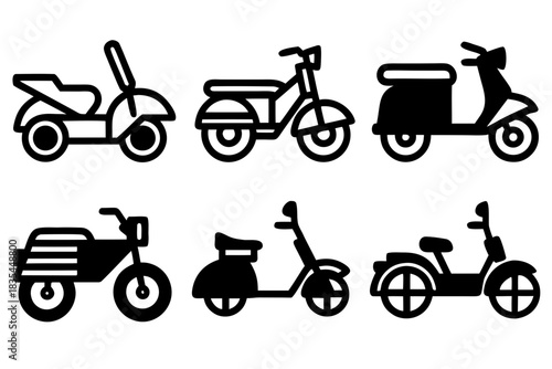 Set of six different scooter and motorcycle icons in black and white