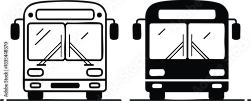 Bus Front View Icons (Outline and Solid), Public Transportation Bus Icon Set, Simple Vector Graphics of Commuter Bus, Bus Line and Filled Icon Pair, silhouette, vector, illustration.