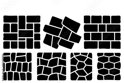 Stone wall patterns vector set of various masonry styles in black