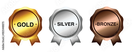 An illustration of gold silver and bronze medals with ribbons on a white isolated background