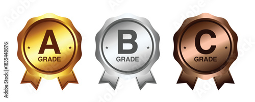 Three grade badges a grade in gold b grade in silver and c grade in bronze on a white background