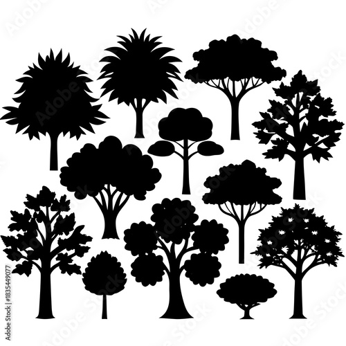 Collection of various tree silhouettes isolated on white background for design elements