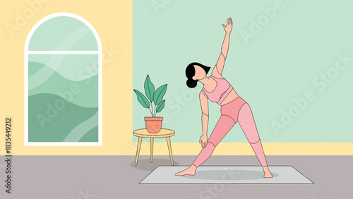 Woman Practicing Triangle Pose in a Bright and Airy Room.