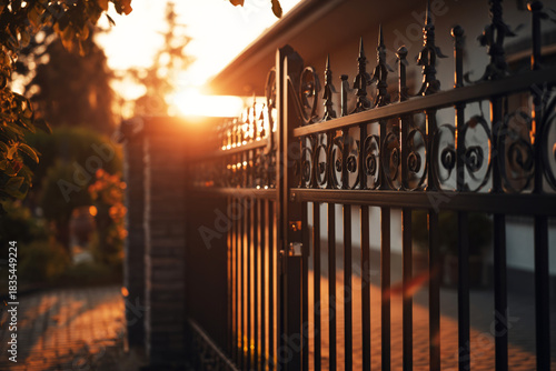 A contemporary metal gate stands open at a residential property, featuring smartphone access. The warm light of sunset enhances the inviting atmosphere of the entrance