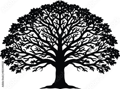Vector tree silhouette with spreading roots in a simple nature illustration