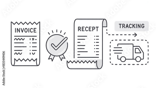 Invoice and receipt icons with tracking delivery truck simple line vector design for accounting and shipping services