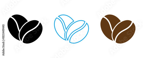Coffee beans in different styles black blue outline and brown isolated