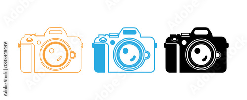 Three camera icons in gold blue and black on white background