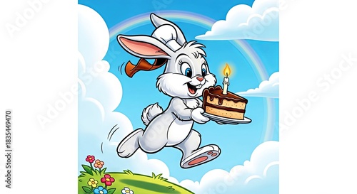 Cartoon rabbit carrying birthday cake under a rainbow in sky  