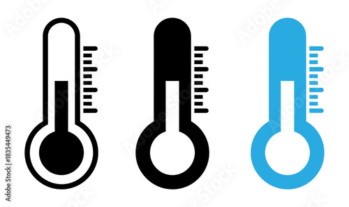 Thermometer icons in black and blue representing temperature measurement and healthcare