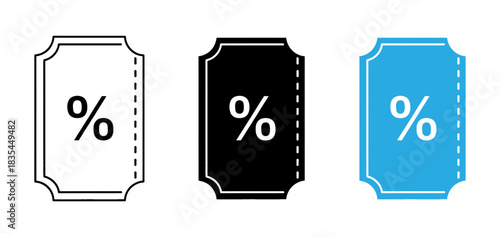 Discount coupon icon set in black white and blue colors