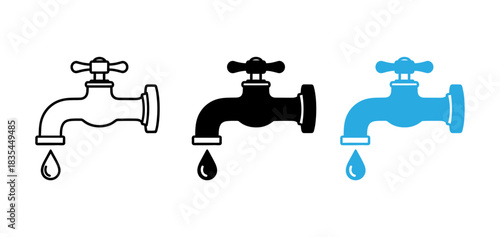Faucet vector illustration set black white and blue water tap icons