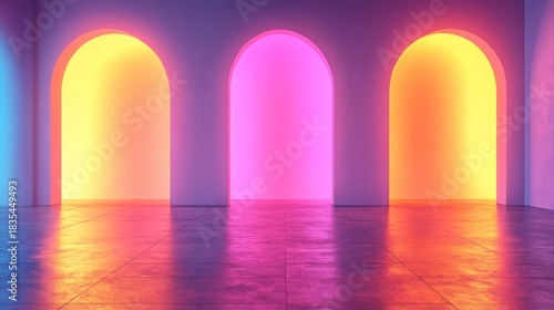 Minimalist room with three neon glowing archways, great for fashion, abstract art, and party blogs/sites on topics like modern design or vaporwave aesthetic.