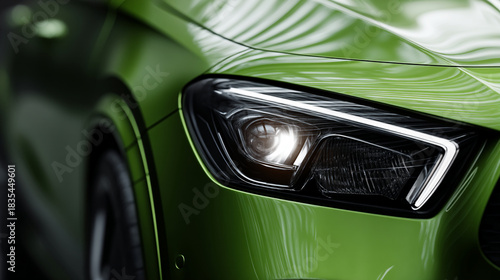 Close up of a green car with its headlight on showing the sleek design and modern automotive style