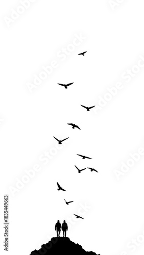 Silhouette illustration of two people standing on a mountain peak watching a flock of birds flying high into the sky