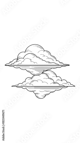 Set of two symmetrical horizontal vector clouds in an engraving line art style suitable for weather or air designs