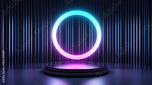 Wallpaper Mural Neon Ring on Stage with Futuristic Abstract, Nightclub Vibe, 3D Render, and Cyberpunk Backdrop. Torontodigital.ca