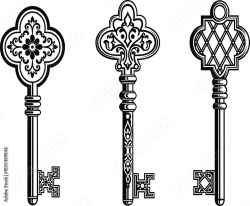 Vintage Ornate Skeleton Key Vector Set Decorative Black and White