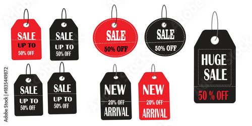 Sale Tags Collection – Discount Labels, New Arrival Badges, Price Tag Icons, Black and Red Promotional Stickers