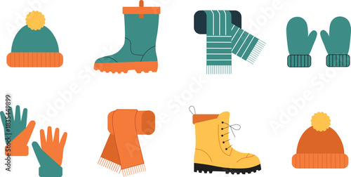 A collection of necessary warm winter clothing and accessories for cold weather, including scarves, hats, socks, and gloves. Vector illustration