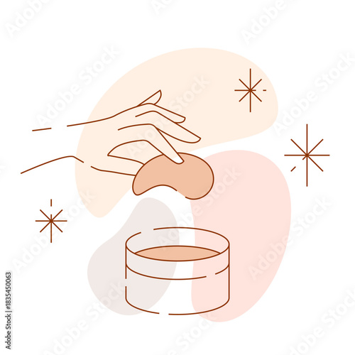 Female hand lifting with spatula under eye hydrogel patch over cosmetic jar