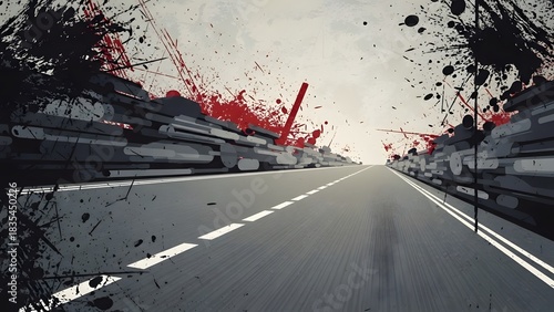 Abstract Grungy Road with Red and Black Paint Splatters perfect for website banner, social media graphic, album cover, poster design, t-shirt, presentation