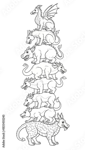A column of eight mythological dragons stacked on top of each other line art for coloring book or fantasy creature design
