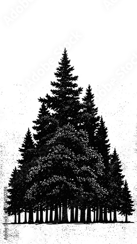 Dense group of pine trees forming a dense forest silhouette with grunge texture black and white vector illustration