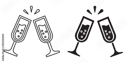 A simple icon set of two clinking champagne glasses making a toast. Vector line art and glyph symbols for celebration, parties, and special events