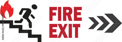 Fire Exit Sign Illustration with Running Person, Staircase, Flame Icon and Direction Arrows — Emergency Escape Route, Safety Signage and Evacuation Symbol Vector