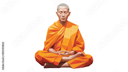 Geometric meditation: polygonal monk in orange robes practicing mindfulness