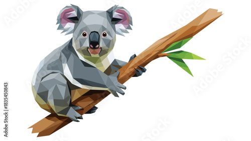Geometric koala on branch with origami style and vibrant colors