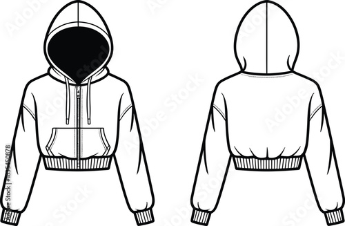 Cropped hoodie vector set with front and back fashion sketch, drawstring hood, kangaroo pocket, ribbed cuffs, and waistband for garment design