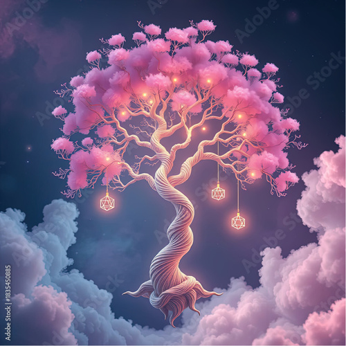 Surreal pink dream tree with hanging ornaments, suspended mid-air in soft pastel-colored background.eps