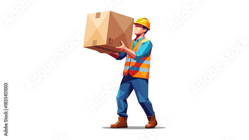 Colorful geometric style worker carrying box in hard hat and safety vest