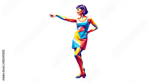 Colorful geometric pop art woman in dynamic pose on white background