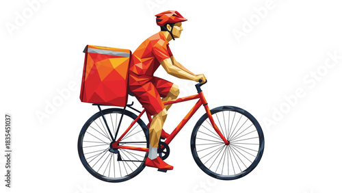 Geometric courier riding bicycle in low poly style with delivery backpack
