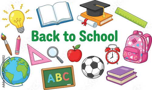 Back to School Supplies Concept Drawing: Backpack, Textbooks, Globe, Apple, Light Bulb, Magnifying Glass, Ruler, Protractor, Graduation Cap and Diploma, Alarm Clock, Chalkboard, Brush, Pencil, 