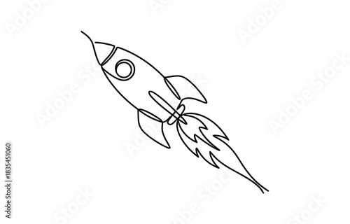 One continuous line drawing of simple retro spacecraft flying up to the outer space nebula. Isolated on transparent background