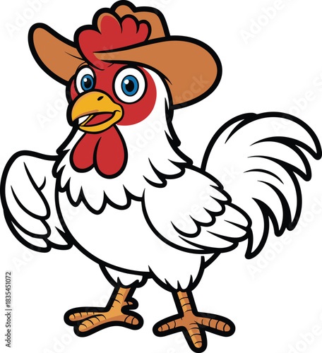 Funny cartoon chicken with cowboy hat, farm animal character, expressive eyes, western style mascot, vector clipart, isolated white background