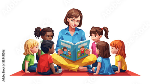 Teacher reading to diverse children in colorful classroom setting
