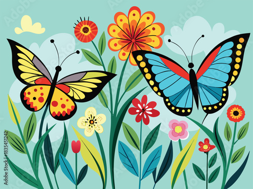 Vibrant butterflies gracefully flutter among a profusion of colorful blooming flowers and lush green foliage on a bright cheerful spring day illustration