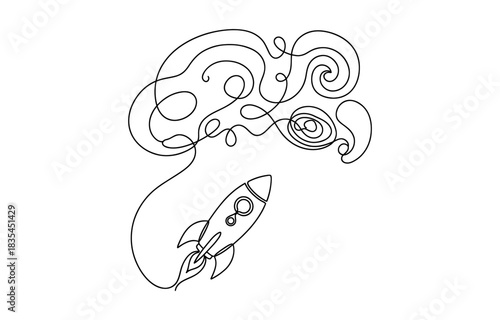 One continuous line drawing of simple retro spacecraft flying up to the outer space nebula. Isolated on transparent background