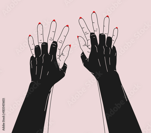 Hand drawn illustration with hands of a couple. Hands of one partner hold the others. Concept of passion, love, intimate moment. Minimal trendy design for Valentine's day design, card, print, poster