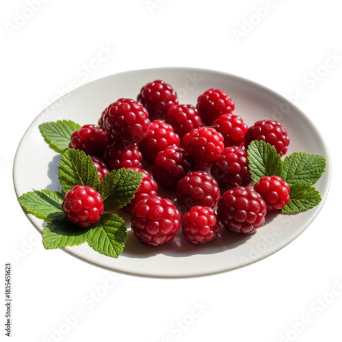 Fresh ripe raspberries on a white plate with green leaves