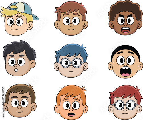 Cartoon children face illustration set, diverse hairstyles, skin tones, and emotions, expressive character design icons, colorful vector avatars, white background