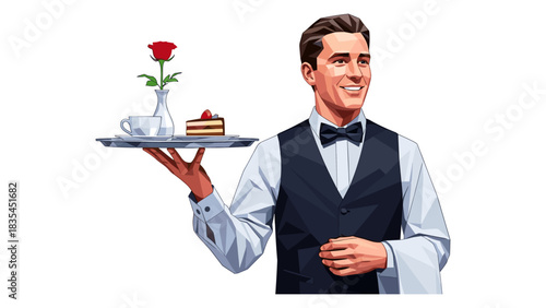 Smiling waiter holding tray with rose, coffee, and cake in geometric style